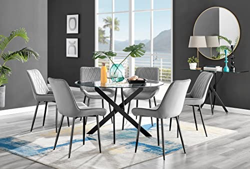 Image of Furniturebox UK Dining Table - Novara 120cm Round Matte Black and Clear Tempered Glass Industrial Home 4/6 Seater Kitchen Dining Table & 6 Grey Velvet Black Leg Pesaro Dining Chairs