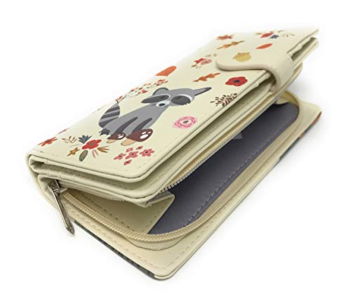 Shag Wear Raccoon Large Wallet for Women and Teen Girls Vegan Faux Leather Beige 7"3