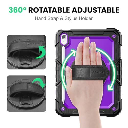 SEYMAC Case for iPad (A16) 11th/10th Generation 2025/2022 (11″/10.9″), Sturdy Heavy Duty Full-Body Shockproof Protective Case with Screen Protector, Rotating Stand, Hand/Shoulder Strap, Purple by SEYMAC stock - Image 3