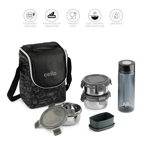 Image of CELLO Complete Meal Lunch Box Set with Jacket For Office Use Black | 3 x 300ml Steel Container, 1 x 130ml Pickle Container, 500ml Water Bottle With Spoon & Fork | Airtight Tiffin Box Set For Daily Use