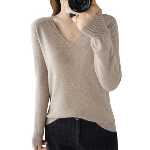 Suéter de Punto de Cachemira de Las Señoras, Cuello en V, Señoras Suéter Casual Suéter de Punto, Color Sólido Suave Suéter de Punto, Suéter Casual de Manga Larga con Cuello en V (Camel,M)