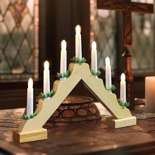 GEEZY Wooden Christmas Candle Bridge Arch with 7 LED Candles & Natural Finish - Battery Operated Warm White LED Christmas Lights - Xmas Decorations & Ornaments for Window Sills, Mantels, Table Tops