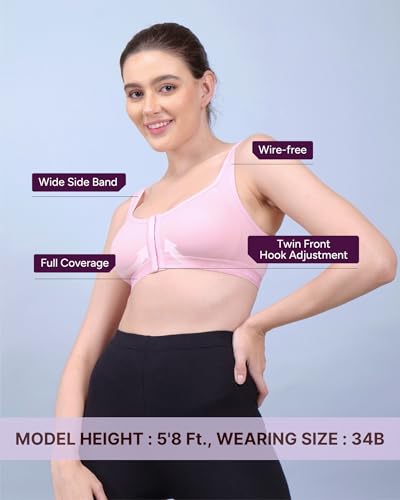 Image of BODYSIZE Front Open Sports Padded Bra for Women - Cotton| Full Coverage, Maximum Support | Non-Wired, Seamless Bra