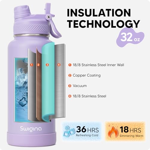 Image of Swigina [2-IN-1 LID] Insulated Water Bottle with Silicone Boot (36hrs Cold /18hrs Hot) - DIY Stickers, Leakproof, BPA Free, 32 oz