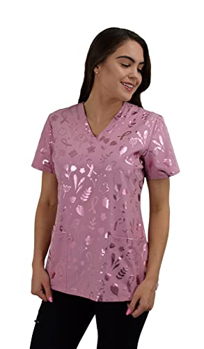 Green Town Womens Medical Nursing Foil Printed Scrub Uniform Top Zinnia-Bc Ribbon Floral - Dusty Pink-X-Small #TOP1