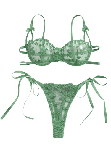 Image of Lilosy Sexy Tie Side Cute Underwire Push Up Strappy Embroidered Mesh Sheer Lingerie Set