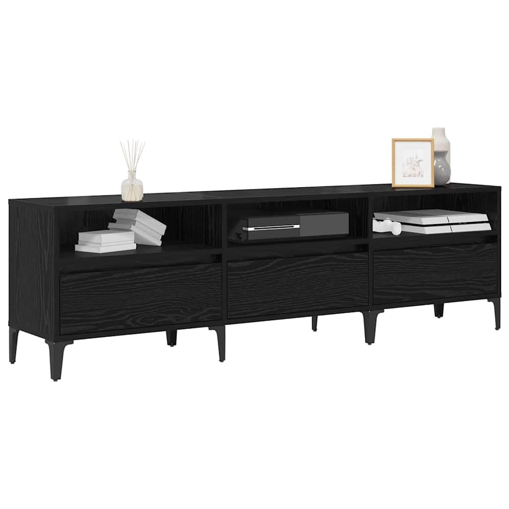Mobile TV con cassetti, effetto rovere nero, 150 x 30 x 45 cm, in legno, gambe in ferro, design moderno
