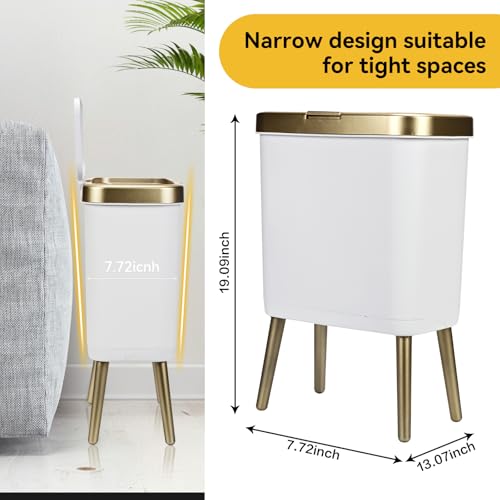 Image of Bathroom Trash Can with Lid, 4 Gallon Modern Garbage Can with Removable Legs, Plastic Garbage Bin, Slim White and Gold Trashcans for Bedroom, Living Room, Office, Kitchen