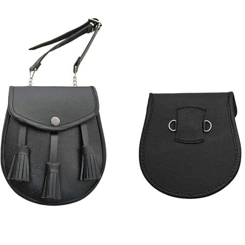 SZCO Medieval Sporran 8 Inch - Black Plain Celtic Style Leather Pouch with Tassels - Scottish Kilt Sporran with Chain Belt for Men - Medieval Bag for Costume & Renaissance Accessories