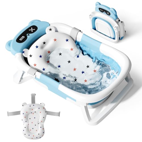 Image of Baby Bathtub,Foldable Baby Bath Tub for Newborn to Toddler (0-18 Months) - Collapsible Infant Tub for Travel with Thermometer, Soft Cushion,Blue