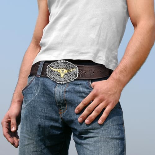 Image of Mens Western Cowboy Cowgirl Faux Leather Belt Longhorn Bull Pattern Letter Big Buckle Embossed Floral Belts