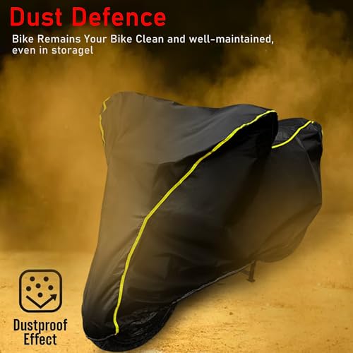 Image of Waterproof Bike Cover Compatible with Royal Enfield Meteor 350 Cover with All Weather Protection and Triple Stitch, Heavy Buckle with Storage Bage & Black with Yellow Piping