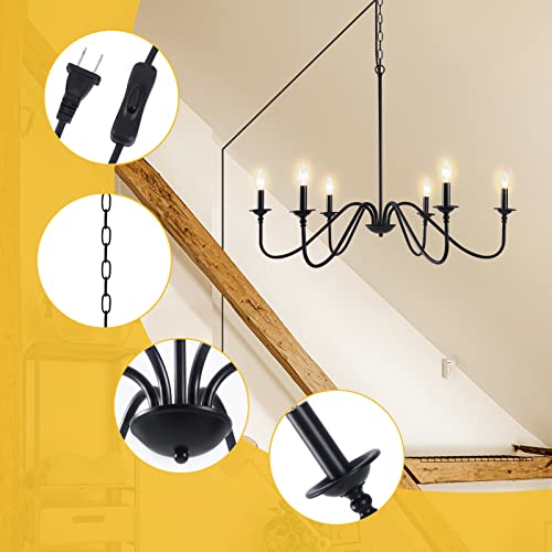 Hoxiya Farmhouse Candle Chandelier 34.6" Light Fixture, Plug In Black 6-Light Pendant Lighting Rustic Industrial Classic Ceiling Mount For Home Lamp, Dining Room, Kitchen, Office, Living Room, Foyer #TOP5