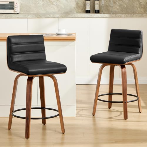 Image of Swivel Bar Stools Set of 2,26 inch Faux Leather Counter Height Barstools with Back,Mid Century Modern Upholstered Bar Chairs with Bentwood Legs Island Stools for Kitchen Counter Black