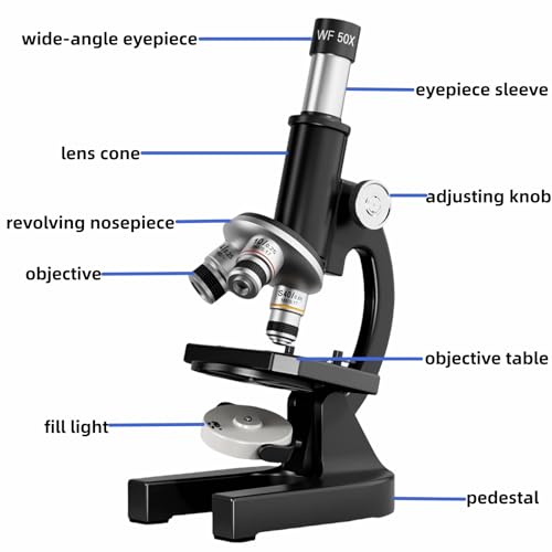Image of Microscope-200-4000X with Biological Specimen and Fill Light,Metal Material | Biological Educational Microscope for Students and Adults,with Phone Clip