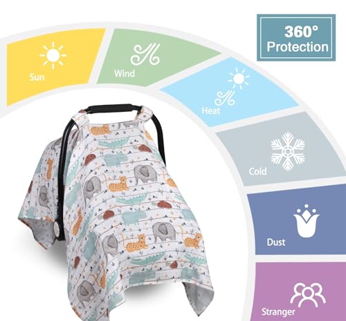 Image of Metplus Car Seat Cover Baby boy, 100% Muslin Cotton Infant Carseat Covers, Lightweight Breathable Car Seat Canopy, Summer Stroller Sun Shade, Newborn Travel Essentials(Animal Party)