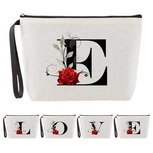 Blisswave Pochette Personalizzata dalla A alla Z, Regali per Donna, Mamme e Amica, Regali di Natale e Compleanno, Elegante e Carina Beauty Case da Viaggio con Iniziale Nome Motivo a Rosa (Beige)