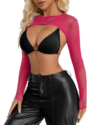 Image of Lilosy Sexy Fishnet Mesh Sheer Crop Top Long Sleeve Shrug Shirt Rave Outfits Cover Up One Piece(No Bra)