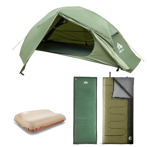 Night Cat 1-Person Camping Tent with Self-Inflating Sleeping Pad Self-Inflatable Camping Pillow and Night Cat Sleeping Bag