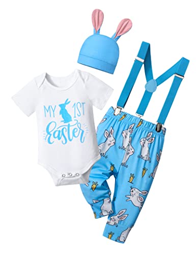 Image of AGAPENG Baby Boy Easter Outfit My First Easter Outfit Infant Short Sleeve Romper Bunny Suspender Pants Rabbit Ears Hat