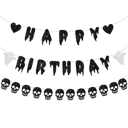 Halloween Happy Birthday Banner - Black Glitter Skull Garland Spooky Birthday Decorations for Halloween Ghost Skeleton Theme Party Supplies