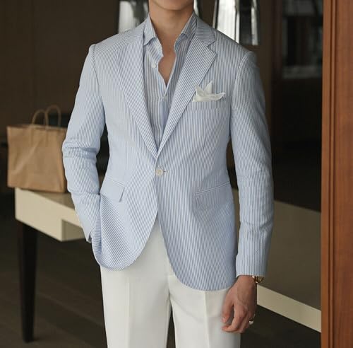 Men's Casual Slim Fit Seersucker Blazer Striped Seersucker Suit Jacket Lightweight 2 Button Blazer Sport Coat3