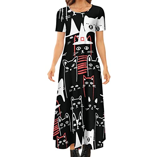 Haminaya Femme Robe Longue Et Col Rond Manche Courte Décontractée Maxi Dress Chats De Dessin Animé Cover
