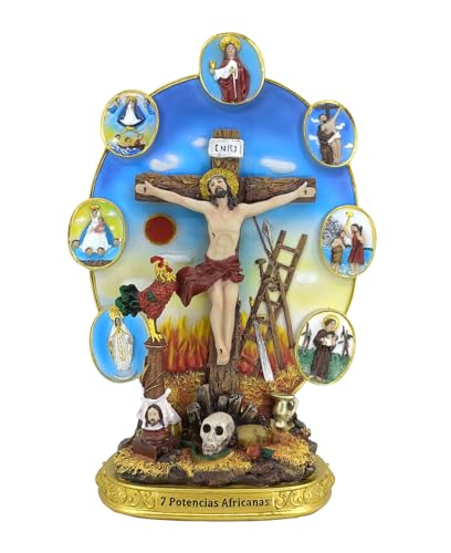 Estatua religiosa con crucifijo 7 Potencias Africanas 12 pulg