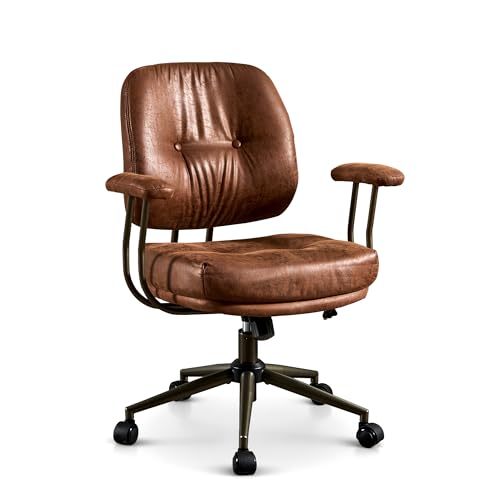 Image of ovios Ergonomic Office Chair, Mid Back Faux Leather Executive Chairs with Thick Cushion, Comfy Mid-Century Modern Swivel Rolling Computer Armchair (Dark Brown, Suede Leather)