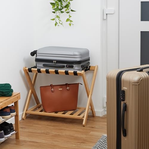 Relaxdays Kofferständer, klappbar, Bambus, HBT: 56 x 68,5 x 41,5 cm, Gepäckständer mit Ablage, Kofferablage Hotel, Natur