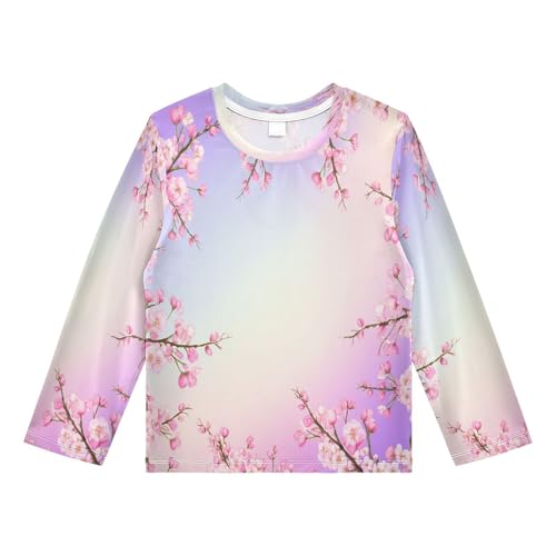 DOMIKING Blooming Cherry Purple Gradient Boys Long Sleeve Rashguard Shirt Kids Quick Dry Swim Shirt for Beach Pool Sport 9-10T