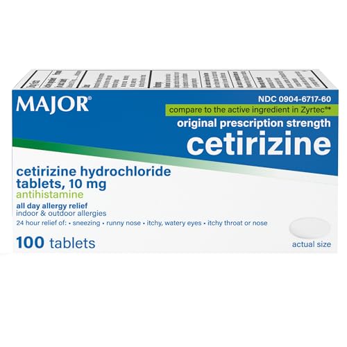 MAJOR Cetirizine Hydrochloride Tablets - 24 Hour Indoor and Outdoor Allergy Relief for Sneezing, Watery Eyes, Itchy Throat or Nose - 10mg - 100 Count (1 Pack)