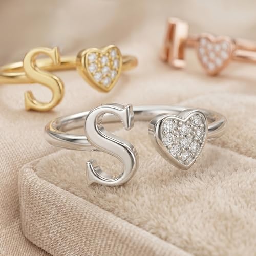 Image of Initial Rings for Teen Girls - S925 Heart Sterling Silver Rings for Teen Girls | 14K Gold /Rose Gold /Sterling Silver Plated Ring for Girls Kids Women Ring for Teenager Girls Gifts Adjustable, No Tarnish, Hypoallergenic