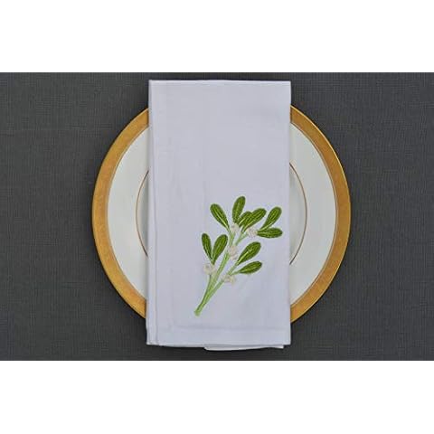 Quayside Home Christmas Napkins, 100% Cotton White with embroidered sprig of mistletoe, Pack of 4 Cover