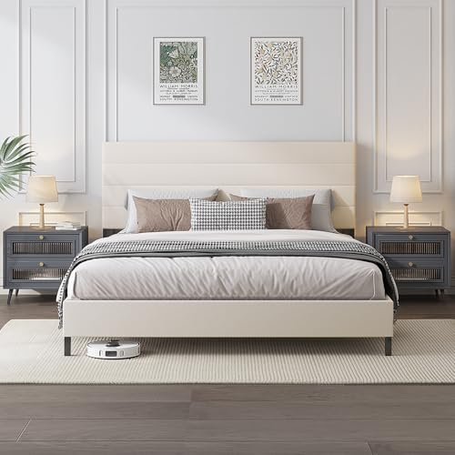 Furnihome Queen Bed Frame, Modern Upholstered Bed Frame with Adjustable Linen Headboard, Wooden Slats Support Platform Queen Size Bed Frames, No Box Spring Needed,Easy Assembly,Beige
