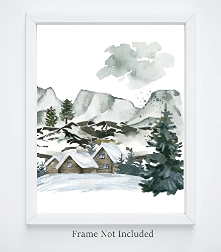 Abstract Winter Mountain Wall Decor, Nature Snow Pine Tree Landscape Wall Art Print. Rustic Cabin In The Woods Farmhouse Watercolor In Blue Gray Green, For Living Room Or Bedroom. Unframed 11 X 14. #TOP2