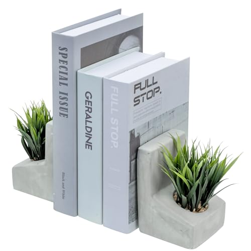 MyGift Modern Gray Concrete L-Shaped Bookends with Artificial Green Grass Plants, Decorative Heavy Duty Book Stands for Office Desktop or Bookshelf, 1 Pair