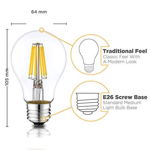 LED A19 Light Bulbs: 6 Watt - 2700K Warm Lightbulbs - 60W Equivalent - Classic Clear Glass Dimmable LED Light Bulbs - E26 LED Bulb Base - Vintage Light Bulb Set - 6 Pack - Image 4