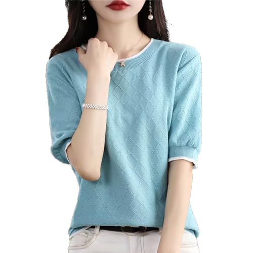 [Big laugh] [ ビッグ ラフ ] ニット トップス シャツ セーター 5 分袖 ラウンド ネック ブラウス 夏 レディース (L ブルー, 2XL)の商品画像（Amazon）