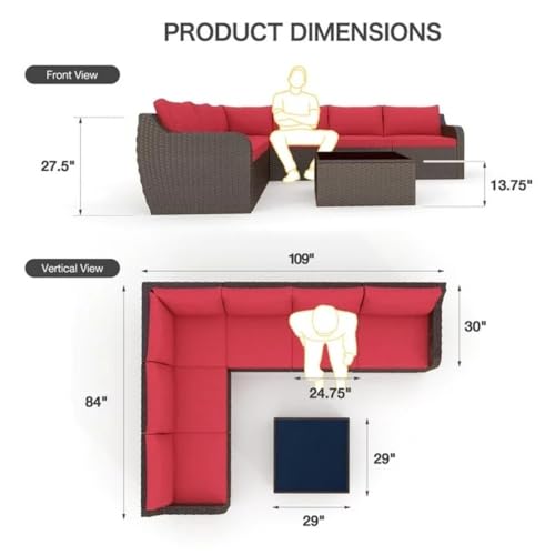 Image of 6 Seater Outdoor Garden Patio Seating Sofa Set with Center Table L Sofa for Balcony Wicker Rattan Garden Set with Grey Cushion and Center Table (Red)