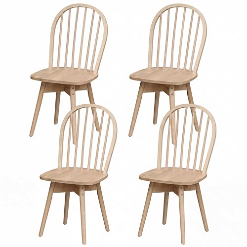 Image of COSTWAY Swivel Windsor Dining Chairs Set of 4 with Spindle Back, Natural | Solid Rubber Wood, Armless Kitchen Chair with Tilt Back, Mid-Century Modern Side Chairs for Dining Room, Kitchen, Restaurant