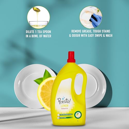 Image of Amazon Brand - Presto! Dishwash Gel Jar | Lemon | 2 Litre | Safe on Hands | Grease Cleaner For All Utensils