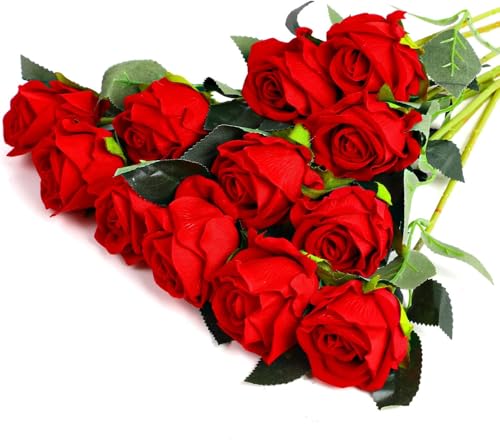 DERAYEE 12 Stück rote Künstliche Rosen, 30CM Realistische Kunstblumen Rosen, Künstliche Blumen Seide Kunstrose für Hochzeitsdeko,Brautsträuß Heiratsantrag,Geburtstag,Party,Home deko