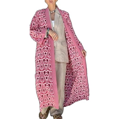 RanRui Beach cover up over sized kimonos Women's geometry Print Rayon kimonos with belt for summer 81715 Pink X-Large