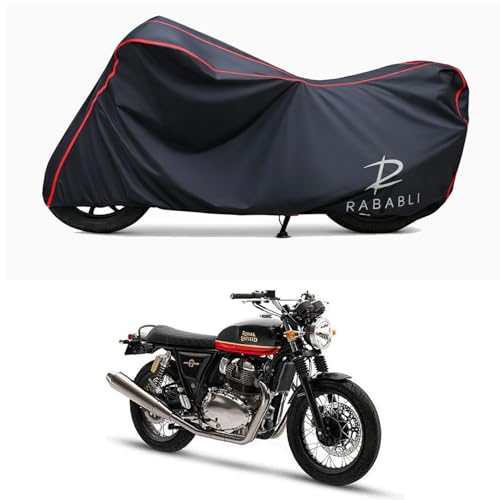 Image of Waterproof Bike Body Cover Compatible for | Royal Enfie Interceptor | Taffeta Fabric, Red Piping Design, Bottom Elastic Fit | Dustproof, Sun UV & Rain Protection for All Bikes