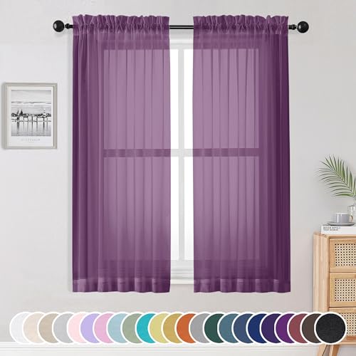 Image of OWENIE Plum Sheer Curtains 63 Inches Long 2 Panels Set, Light Filtering Voile Fimly Sheer Curtains & Drapes for Living Room Bedroom, 2pcs, Plum, Each 42 inch W x 63 inch L Inch