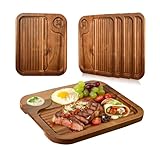 4 pcs Acacia Wood Steak Plates,Carnivore Cutting Board for Eating, Carved Meat Wooden Plate, Food Serving Tray,Cheese Charcuterie Boards with Deep Grooves & Hidden Handles