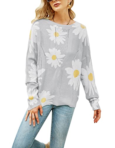 Image of chouyatou Women's Crewneck Long Sleeve Floral Printed Knitted Sweater Pullover Tops
