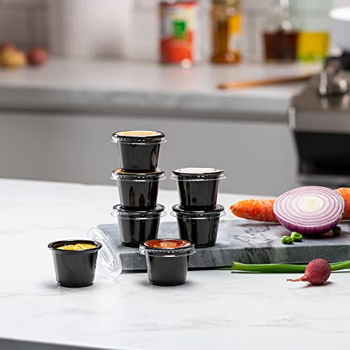 Image of {1 oz - 100 Sets} Black Diposable Plastic Portion Cups With Lids, Small Mini Containers For Portion Controll, Jello Shots, Meal Prep, Sauce Cups, Slime, Condiments, Medicine, Dressings, Crafts, Disposable Souffle Cups & Much more