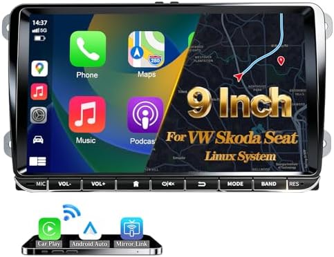 URVOLAX Autoradio mit Bildschirm für VW Skoda Seat, 9 Zoll Doppel DIN Radio | OEM-Passform, DAB+, Wireless Apple CarPlay Android Auto, CANBUS für SWC, Linux-System, für Golf 5/6 T5